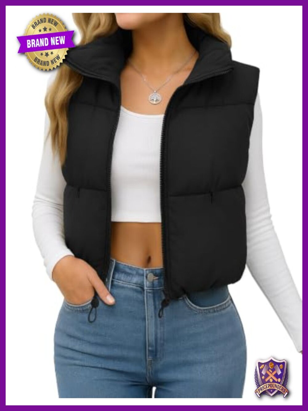 Cropped Puffer Vest Lightweight Padded Quilted Zip